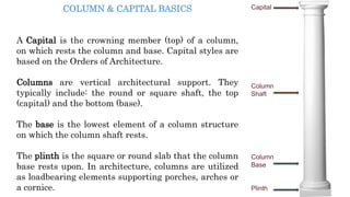 Capital
Column
Shaft
Column
Base
Plinth
COLUMN & CAPITAL BASICS
A Capital is the crowning member (top) of a column,
on which rests the column and base. Capital styles are
based on the Orders of Architecture.
Columns are vertical architectural support. They
typically include: the round or square shaft, the top
(capital) and the bottom (base).
The base is the lowest element of a column structure
on which the column shaft rests.
The plinth is the square or round slab that the column
base rests upon. In architecture, columns are utilized
as loadbearing elements supporting porches, arches or
a cornice.
 