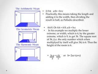 • 2:3:4; a<b = b<c
• Practically, this means taking the length and
adding it to the width, then dividing the
result in half, as Palladio described.
• 4:6:9. Or 4:6 = 6:9; a:b = b:c
• In his example we multiply the lesser
extreme, or width, which is 4, by the greater
extreme, which is 9, to get 36. The square root
of 36, (i.e. the only number which when
multiplyed by itself will give 36) is 6. Thus the
height of the room is 6.
• b-a = c-b or b= 2ac÷(a+c)
a c
 