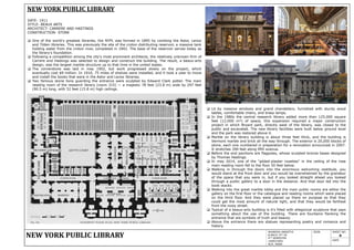 NEW YORK PUBLIC LIBRARY
AKANSHA AWASTHI
B.ARCH 3RD YR
4TH SEMESTER
14ARCH001
ACA. AGRA
SIGN. SHEET NO.
4
DATE
NEW YORK PUBLIC LIBRARY
DATE- 1911
STYLE- BEAUX ARTS
ARCHITECT- CARRERE AND HASTINGS
CONSTRUCTION- STONE
 One of the world's greatest libraries, the NYPL was formed in 1895 by combing the Astor, Lenox
and Tilden libraries. This was previously the site of the croton distributing reservoir, a massive tank
holding water from the croton river, completed in 1842. The base of the reservoir serves today as
the library's foundation.
 Following a competition among the city's most prominent architects, the relatively unknown firm of
Carrere and Hastings was selected to design and construct the building. The result, a beaux-arts
design, was the largest marble structure up to that time in the united states.
 The cornerstone was laid in may 1902, but work progressed slowly on the project, which
eventually cost $9 million. In 1910, 75 miles of shelves were installed, and it took a year to move
and install the books that were in the Astor and Lenox libraries.
 Two famous stone lions guarding the entrance were sculpted by Edward Clark potter. The main
reading room of the research library (room 315) — a majestic 78 feet (23.8 m) wide by 297 feet
(90.5 m) long, with 52 feet (15.8 m) high ceilings.
 Lit by massive windows and grand chandeliers; furnished with sturdy wood
tables, comfortable chairs, and brass lamps.
 In the 1980s the central research library added more than 125,000 square
feet (12,000 m²) of space, this expansion required a major construction
project in which Bryant park, directly west of the library, was closed to the
public and excavated. The new library facilities were built below ground level
and the park was restored above it.
 Marble on the library building is about three feet thick, and the building is
Vermont marble and brick all the way through. The exterior is 20,000 blocks of
stone, each one numbered in preparation for a renovation announced in 2007.
It stretches 390 feet along fifth avenue.
 Before the end pavilions are flagpoles, whose sculpted bronze bases designed
by Thomas Hastings.
 In may 2014, one of the "gilded-plaster rosettes" in the ceiling of the rose
main reading room fell to the floor 50 feet below.
 Walking in through the doors into the enormous welcoming vestibule, you
would stand at the front door and you would be overwhelmed by the grandeur
of the space that you were in, but if you looked straight ahead you looked
through a public gallery to a door in the distance. And that door led into the
book stacks.
 Walking into the great marble lobby and the main public rooms are either the
gallery on the first floor or the catalogue and reading rooms which were placed
on the third floor. And they were placed up there on purpose so that they
could get the most amount of natural light, and that they would be farthest
from the noisy street.
 Typical of a beaux-arts building is it's filled with allegorical sculpture that says
something about the use of the building. There are fountains flanking the
entrance that are symbols of truth and beauty.
 Above the entrance there are statues representing poetry and romance and
history.
 