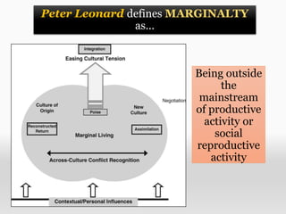Peter Leonard defines MARGINALTY
as…
Being outside
the
mainstream
of productive
activity or
social
reproductive
activity
 