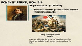 Eugene Delacroix (1798-1863)
He was considered the greatest and most influential
French Romantic painter.
A woman holding the flag of French Revolution personifies
Liberty and leads the people forward over the bodies of the
fallen
Liberty Leading the People/
Painting
ROMANTIC PERIOD, 1800- 1810
 