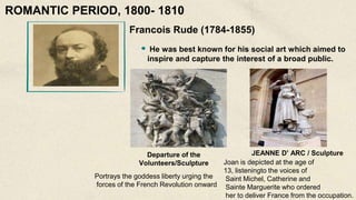 Francois Rude (1784-1855)
He was best known for his social art which aimed to
inspire and capture the interest of a broad public.
Departure of the Volunteers/
Sculpture
Departure of the
Volunteers/Sculpture
Portrays the goddess liberty urging the
forces of the French Revolution onward
ROMANTIC PERIOD, 1800- 1810
JEANNE D’ ARC / Sculpture
Joan is depicted at the age of
13, listeningto the voices of
Saint Michel, Catherine and
Sainte Marguerite who ordered
her to deliver France from the occupation.
 