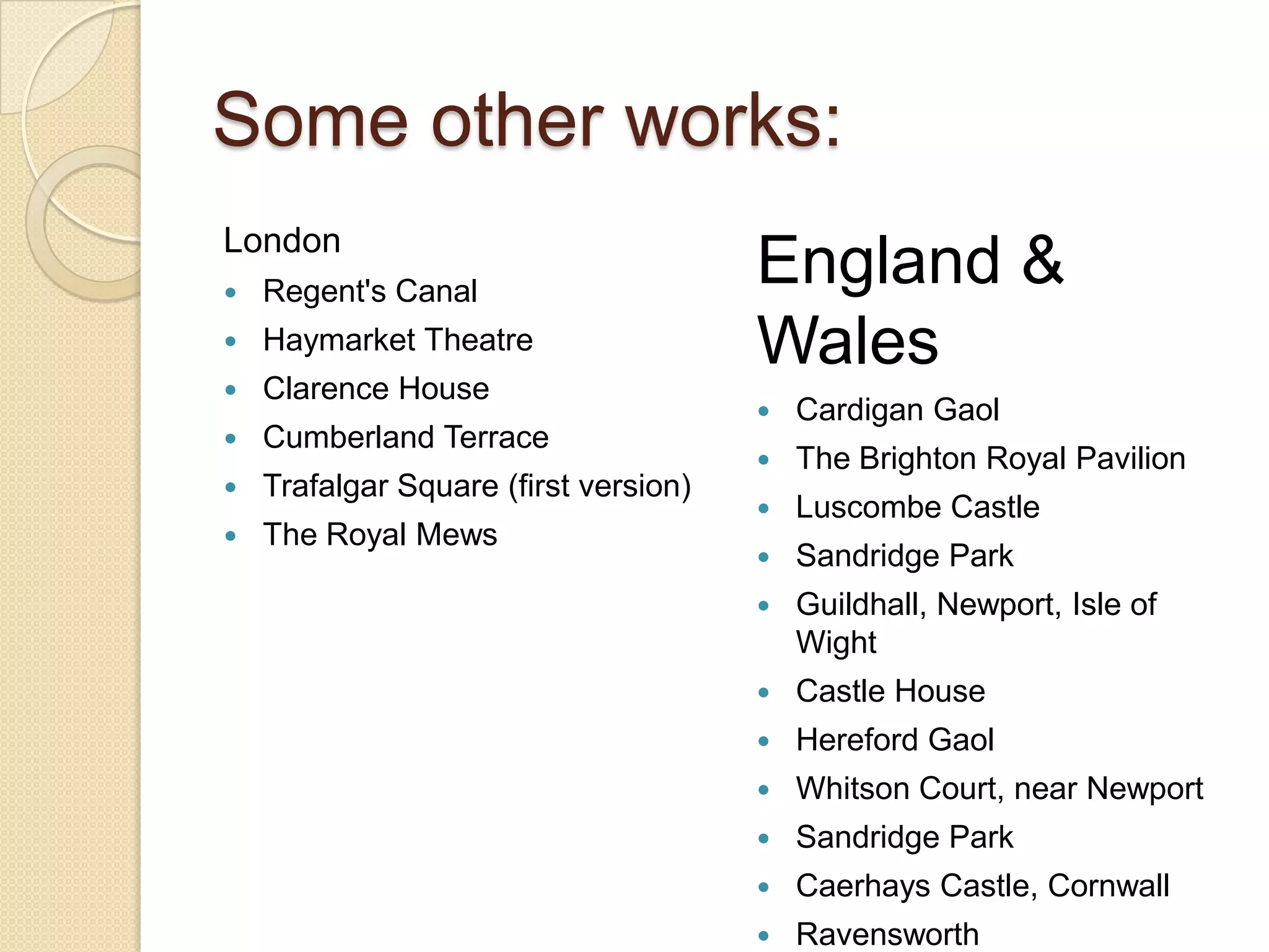 Some other works:
London


Regent's Canal



Haymarket Theatre



Clarence House



Cumberland Terrace



Trafalgar Square (first version)



The Royal Mews

England &
Wales


Cardigan Gaol



The Brighton Royal Pavilion



Luscombe Castle



Sandridge Park



Guildhall, Newport, Isle of
Wight



Castle House



Hereford Gaol



Whitson Court, near Newport



Sandridge Park



Caerhays Castle, Cornwall



Ravensworth

 