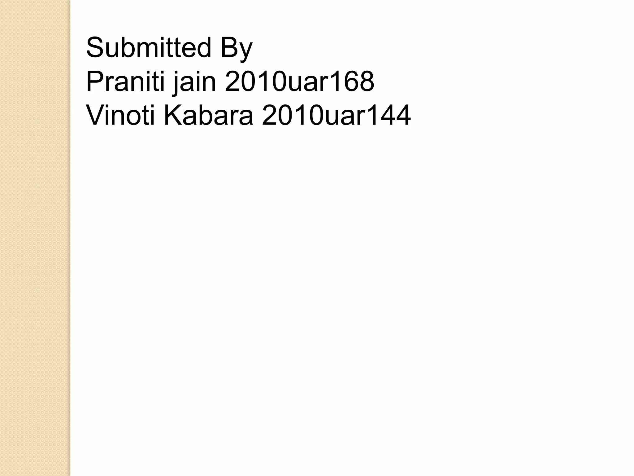 Submitted By
Praniti jain 2010uar168
Vinoti Kabara 2010uar144

 