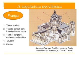 A arquitetura neoclássica 
França Inspiração clássica 
direta 
Ideário estético da 
Roma Imperial 
- académico 
- formal 
- rigoroso 
Jacques-Ange Gabriel, Petit Trianon 
 