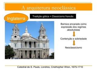A arquitetura neoclássica 
França 
“Arquitetos visionários”, numa vertente utópica 
“Arquitetura de verdade” ou 
“arquitetura falante”, que transmite 
-Inspirado no Panteão de Roma a sua função 
- com 150 m diâmetro 
- câmara esférica com um 
sarcófago na base 
Étienne-Louis Boullé, Cenotáfio a 
Isaac Newton, projeto de c. 1784 
 
