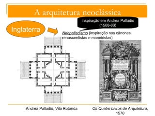 A arquitetura neoclássica 
Tradição gótica + Classicismo francês 
Inglaterra 
Barroco encarado como 
expressão dos regimes 
absolutistas 
Contenção e sobriedade 
Neoclassicismo 
Catedral de S. Paulo, Londres, Cristhopher Wren, 1675-1710 
 