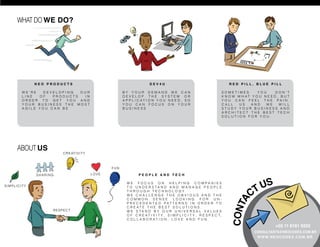 WHaT dO WE DO?




             NEO PRODUCTS                                                DEV4U                                           RED PILL, BLUE PILL

        WE’RE  dEVELOPING   OUR                          By yOUR dEmaNd WE CaN                                       SOmETImES         yOU       dON’T
        LINE  OF   PROdUCTS  IN                          dEVELOP THE SySTEm OR                                       k N O W W H aT y O U N E E d , B U T
        ORdER TO GET yOU aNd                             a P P L I C aT I O N y O U N E E d , S O                    y O U C a N F E E L T H E Pa I N .
        yOUR BUSINESS THE mOST                           yOU CaN FOCUS ON yOUR                                       CaLL     US   aNd     WE      WILL
        aGILE yOU CaN BE                                 BUSINESS                                                    STUdy yOUR BUSINESS aNd
                                                                                                                     aRCHITECT THE BEST TECH
                                                                                                                     SOLUTION FOR yOU.




     aBOUT US
                       C R E aT I V I T y



                                                   FUN

             SHaRING                        LOVE                  PEOPLE AND TECH

                                                           W E F O C U S O N H E L P I N G C O m Pa N I E S
                                                                                                                                       US
                                                                                                                                    CT
SImPLICITy                                                 T O U N d E R S Ta N d a N d m a N a G E P E O P L E
                                                           T H R O U G H T E C H N O L O G y.
                                                           WE CHaLLENGE THE OBVIOUS aNd THE
                                                           COmmON          SENSE       LOOkING          FOR      UN-




                                                                                                                             A
                                                           P R E C E d E N T E d PaT T E R N S I N O R d E R T O




                                                                                                                         CONT
                                                           C R E aT E T H E B E S T S O L U T I O N S .
                   RESPECT                                 W E S Ta N d B y O U R U N I V E R S a L Va L U E S
                                                           O F C R E aT I V I T y, S I m P L I C I T y, R E S P E C T,
                                                           C O L L a B O R aT I O N , L O V E a N d F U N .

                                                                                                                                                  +55 11 8181 9333
                                                                                                                                      CONSULTANTS@NEOCODEx.COm.BR
                                                                                                                                       W W W. N E O C O D E x . C O m . B R
 