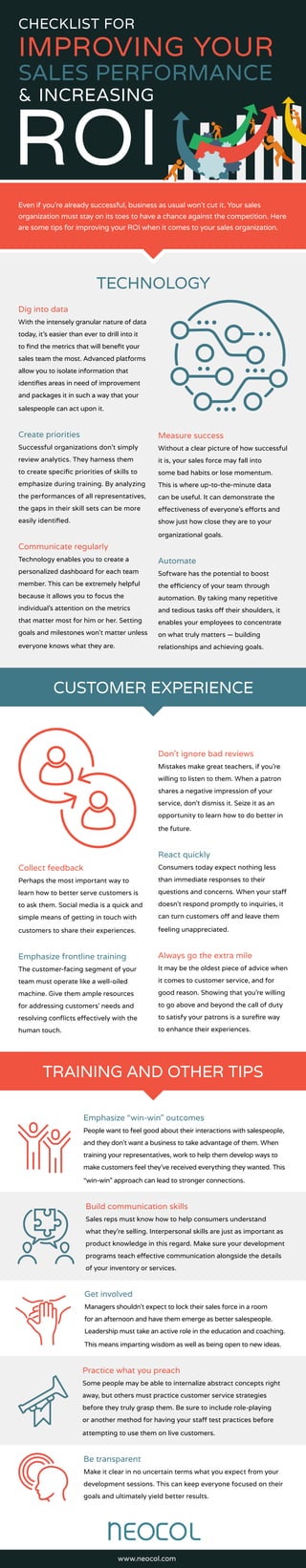 Collect feedback
Perhaps the most important way to
learn how to better serve customers is
to ask them. Social media is a quick and
simple means of getting in touch with
customers to share their experiences.
Emphasize frontline training
The customer-facing segment of your
team must operate like a well-oiled
machine. Give them ample resources
for addressing customers’ needs and
resolving conflicts effectively with the
human touch.
Don’t ignore bad reviews
Mistakes make great teachers, if you’re
willing to listen to them. When a patron
shares a negative impression of your
service, don’t dismiss it. Seize it as an
opportunity to learn how to do better in
the future.
React quickly
Consumers today expect nothing less
than immediate responses to their
questions and concerns. When your staff
doesn’t respond promptly to inquiries, it
can turn customers off and leave them
feeling unappreciated.
Always go the extra mile
It may be the oldest piece of advice when
it comes to customer service, and for
good reason. Showing that you’re willing
to go above and beyond the call of duty
to satisfy your patrons is a surefire way
to enhance their experiences.
Emphasize “win-win” outcomes
People want to feel good about their interactions with salespeople,
and they don’t want a business to take advantage of them. When
training your representatives, work to help them develop ways to
make customers feel they’ve received everything they wanted. This
“win-win” approach can lead to stronger connections.
Build communication skills
Sales reps must know how to help consumers understand
what they’re selling. Interpersonal skills are just as important as
product knowledge in this regard. Make sure your development
programs teach effective communication alongside the details
of your inventory or services.
Get involved
Managers shouldn’t expect to lock their sales force in a room
for an afternoon and have them emerge as better salespeople.
Leadership must take an active role in the education and coaching.
This means imparting wisdom as well as being open to new ideas.
Practice what you preach
Some people may be able to internalize abstract concepts right
away, but others must practice customer service strategies
before they truly grasp them. Be sure to include role-playing
or another method for having your staff test practices before
attempting to use them on live customers.
Be transparent
Make it clear in no uncertain terms what you expect from your
development sessions. This can keep everyone focused on their
goals and ultimately yield better results.
CHECKLIST FOR
IMPROVING YOUR
SALES PERFORMANCE
& INCREASING
ROI
www.neocol.com
Even if you’re already successful, business as usual won’t cut it. Your sales
organization must stay on its toes to have a chance against the competition. Here
are some tips for improving your ROI when it comes to your sales organization.
Dig into data
With the intensely granular nature of data
today, it’s easier than ever to drill into it
to find the metrics that will benefit your
sales team the most. Advanced platforms
allow you to isolate information that
identifies areas in need of improvement
and packages it in such a way that your
salespeople can act upon it.
Create priorities
Successful organizations don’t simply
review analytics. They harness them
to create specific priorities of skills to
emphasize during training. By analyzing
the performances of all representatives,
the gaps in their skill sets can be more
easily identified.
Communicate regularly
Technology enables you to create a
personalized dashboard for each team
member. This can be extremely helpful
because it allows you to focus the
individual’s attention on the metrics
that matter most for him or her. Setting
goals and milestones won’t matter unless
everyone knows what they are.
Measure success
Without a clear picture of how successful
it is, your sales force may fall into
some bad habits or lose momentum.
This is where up-to-the-minute data
can be useful. It can demonstrate the
effectiveness of everyone’s efforts and
show just how close they are to your
organizational goals.
Automate
Software has the potential to boost
the efficiency of your team through
automation. By taking many repetitive
and tedious tasks off their shoulders, it
enables your employees to concentrate
on what truly matters — building
relationships and achieving goals.
TECHNOLOGY
CUSTOMER EXPERIENCE
TRAINING AND OTHER TIPS
 