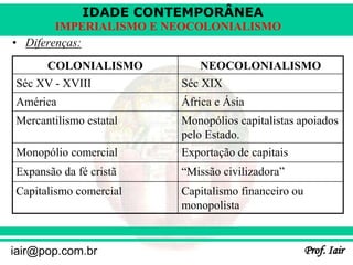 IDADE CONTEMPORÂNEA
Prof. Iair
iair@pop.com.br
IMPERIALISMO E NEOCOLONIALISMO
• Diferenças:
COLONIALISMO NEOCOLONIALISMO
Séc XV - XVIII Séc XIX
América África e Ásia
Mercantilismo estatal Monopólios capitalistas apoiados
pelo Estado.
Monopólio comercial Exportação de capitais
Expansão da fé cristã “Missão civilizadora”
Capitalismo comercial Capitalismo financeiro ou
monopolista
 
