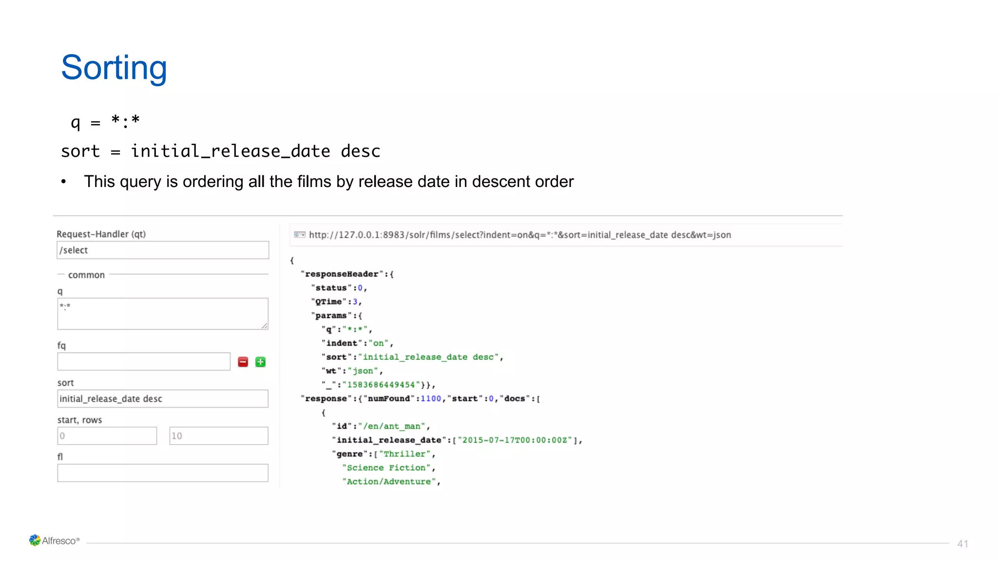 41
Sorting
q = *:*
sort = initial_release_date desc
• This query is ordering all the films by release date in descent order
 