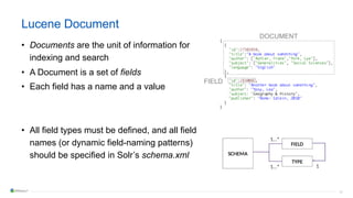 16
Lucene Document
• Documents are the unit of information for
indexing and search
• A Document is a set of fields
• Each field has a name and a value
• All field types must be defined, and all field
names (or dynamic field-naming patterns)
should be specified in Solr’s schema.xml
Seminars
Schema Configuration
• Per collection/index
• Xml ﬁle
• Deﬁne how the inverted Index will be built
• Fields/Field Types deﬁnition
Seminars
Schema Configuration
• Per collection/index
• Xml ﬁle
• Deﬁne how the inverted Index will be built
• Fields/Field Types deﬁnition
DOCUMENT
FIELD
 