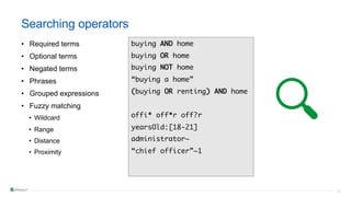 20
Searching operators
• Required terms
• Optional terms
• Negated terms
• Phrases
• Grouped expressions
• Fuzzy matching
• Wildcard
• Range
• Distance
• Proximity
buying AND home
buying OR home
buying NOT home
“buying a home”
(buying OR renting) AND home
offi* off*r off?r
yearsOld:[18-21]
administrator~
“chief officer”~1
 