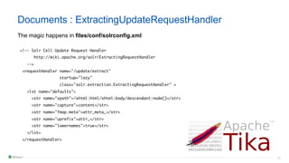 48
Documents : ExtractingUpdateRequestHandler
The magic happens in files/conf/solrconfig.xml
<!-- Solr Cell Update Request Handler
http://wiki.apache.org/solr/ExtractingRequestHandler
-->
<requestHandler name="/update/extract"
startup="lazy"
class="solr.extraction.ExtractingRequestHandler" >
<lst name="defaults">
<str name="xpath">/xhtml:html/xhtml:body/descendant:node()</str>
<str name="capture">content</str>
<str name="fmap.meta">attr_meta_</str>
<str name="uprefix">attr_</str>
<str name="lowernames">true</str>
</lst>
</requestHandler>
 