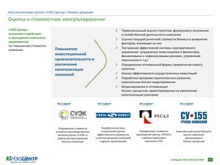 Консалтинговая группа «НЭО Центр»: бизнес-решения

Оценка и стоимостное консультирование
«НЭО Центр»                                                               Первоначальный анализ стратегии, финансового положения
оказывает содействие                                                      и хозяйственной деятельности компании
в проведении комплекса                                                    Оценка текущей рыночной стоимости бизнеса и выявление
мероприятий                                                               факторов, влияющих на нее
по повышению стоимости
                          Повышение                                       Построение эффективной системы корпоративного
компании
                                                                          управления (управление инвестициями и финансами,
                          инвестиционной                                  финансовыми и нефинансовыми рисками, управление
                          привлекательности и                             персоналом и т.д.)
                          увеличение                                      Определение оптимальной формы привлечения нового
                          капитализации                                   капитала
                          компаний                                        Анализ эффективности осуществленных инвестиций
                                                                          Разработка программ стратегического развития,
                                                                          комплексное бизнес-моделирование
                                                                          Моделирование и оптимизация
                                                                          бизнес-процессов, ориентированных на увеличение
                                                                          капитализации компании




                             Определение стоимости          Разработка системы
                           основных производственных        показателей оценки         Определение стоимости      Комплексный анализ бизнеса
                             активов группы «СУЭК» в    эффективности управления     предприятий группы «РУСАЛ»       группы компаний,
                            рамках реструктуризации    и участия дочерних компаний       в рамках подготовки            реинжиниринг
                                бизнеса компании           в других организациях            компании к IPO            бизнес-процессов




                                                                                                              БОЛЬШЕ ЧЕМ КОНСАЛТИНГ       11
 