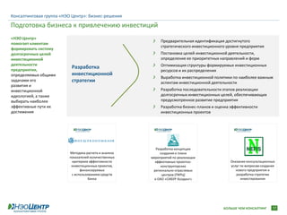Консалтинговая группа «НЭО Центр»: бизнес-решения

Подготовка бизнеса к привлечению инвестиций
«НЭО Центр»
                                                           Предварительная идентификация достигнутого
помогает клиентам
                                                           стратегического инвестиционного уровня предприятия
формировать систему
долгосрочных целей                                         Постановка целей инвестиционной деятельности,
инвестиционной                                             определение ее приоритетных направлений и форм
деятельности                                               Оптимизация структуры формируемых инвестиционных
предприятия,
                          Разработка
                                                           ресурсов и их распределения
определяемых общими       инвестиционной
                                                           Выработка инвестиционной политики по наиболее важным
задачами его              стратегии                        аспектам инвестиционной деятельности
развития и
инвестиционной                                             Разработка последовательности этапов реализации
идеологией, а также                                        долгосрочных инвестиционных целей, обеспечивающих
выбирать наиболее                                          предусмотренное развитие предприятия
эффективные пути их                                        Разработка бизнес-планов и оценка эффективности
достижения                                                 инвестиционных проектов




                                                         Разработка концепции
                         Методика расчета и анализа        создания и плана
                         показателей количественных   мероприятий по реализации
                          критериев эффективности       эффективных проектно-               Оказание консультационных
                          инвестиционных проектов,          конструкторских                 услуг по вопросам создания
                               финансируемых           регионально-отраслевых                  нового предприятия и
                          с использованием средств          центров (ПКРЦ)                     разработка стратегии
                                    банка               в ОАО «СИБУР Холдинг»                     инвестирования




                                                                                         БОЛЬШЕ ЧЕМ КОНСАЛТИНГ      17
 