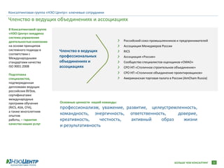Консалтинговая группа «НЭО Центр»: ключевые сотрудники
Членство в ведущих объединениях и ассоциациях
В Консалтинговой группе
«НЭО Центр» внедрена
система управления
деятельностью компании                                          Российский союз промышленников и предпринимателей
на основе принципов                                             Ассоциация Менеджеров России
системного подхода в        Членство в ведущих                  RICS
соответствии с
Международными
                            профессиональных                    Ассоциация «Россия»
стандартами качества        объединениях и                      Сообщество специалистов-оценщиков «СМАО»
ISO 9001:2008               ассоциациях                         СРО НП «Столичное строительное объединение»
                                                                СРО НП «Столичное объединение проектировщиков»
Подготовка
специалистов,                                                   Американская торговая палата в России (AmCham Russia)
подтвержденная
дипломами ведущих
российских ВУЗов,
сертификатами
международных
программ обучения            Основные ценности нашей команды:
(RICS, ASA, CFA),            профессионализм, уважение, развитие, целеустремленность,
а также многолетним
опытом
                             командность, энергичность, ответственность,     доверие,
работы, – гарантия           креативность,     честность, активный    образ    жизни
качества наших услуг
                             и результативность




                                                                                                БОЛЬШЕ ЧЕМ КОНСАЛТИНГ   32
 