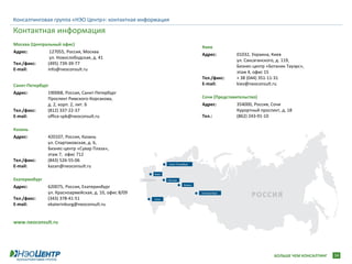 Консалтинговая группа «НЭО Центр»: контактная информация
Контактная информация
Москва (Центральный офис)
                                                           Киев
Адрес:          127055, Россия, Москва
                                                           Адрес:         01032, Украина, Киев
                ул. Новослободская, д. 41
                                                                          ул. Саксаганского, д. 119,
Тел./факс:     (495) 739-39-77
                                                                          Бизнес-центр «Ботаник Тауэрс»,
E-mail:        info@neoconsult.ru
                                                                          этаж 4, офис 15
                                                           Тел./факс:     + 38 (044) 351-11-31
Санкт-Петербург                                            E-mail:        kiev@neoconsult.ru
Адрес:         190068, Россия, Санкт-Петербург
               Проспект Римского-Корсакова,                Сочи (Представительство)
               д. 2, корп. 2, лит. Б                       Адрес:         354000, Россия, Сочи
Тел./факс:     (812) 337-22-37                                            Курортный проспект, д. 18
E-mail:        office-spb@neoconsult.ru                    Тел.:          (862) 243-91-10

Казань
Адрес:         420107, Россия, Казань
               ул. Спартаковская, д. 6,
               Бизнес-центр «Сувар Плаза»,
               этаж 7, офис 712
Тел./факс:     (843) 526-55-06
E-mail:        kazan@neoconsult.ru

Екатеринбург
Адрес:         620075, Россия, Екатеринбург
               ул. Красноармейская, д. 10, офис 8/09
Тел./факс:     (343) 378-41-51
E-mail:        ekaterinburg@neoconsult.ru


www.neoconsult.ru




                                                                                          БОЛЬШЕ ЧЕМ КОНСАЛТИНГ   34
 