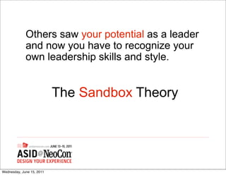 Others saw your potential as a leader
             and now you have to recognize your
             own leadership skills and style.


                           The Sandbox Theory




Wednesday, June 15, 2011
 