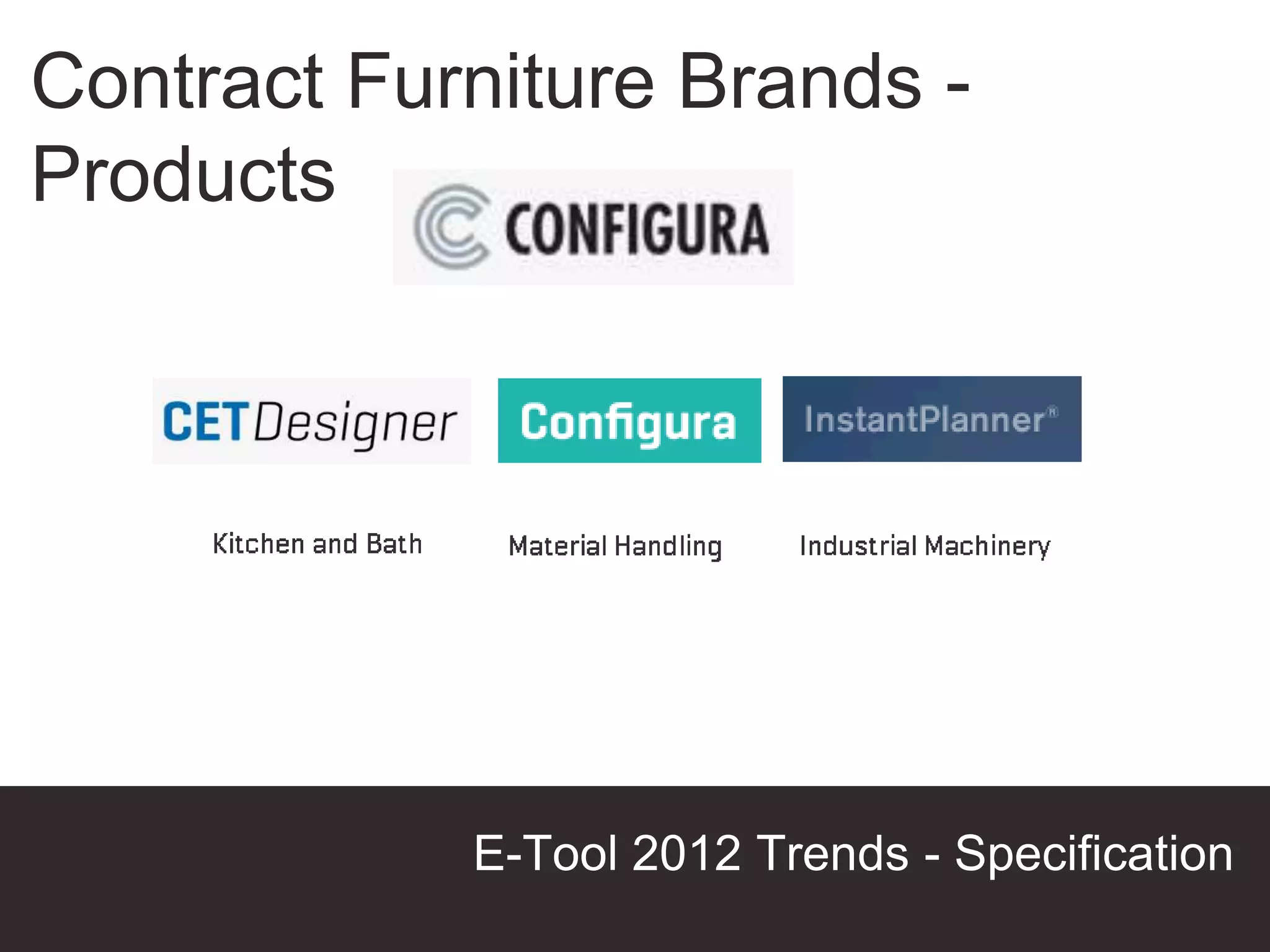 Contract Furniture Brands -
Products




            E-Tool 2012 Trends - Specification
                                 Presentation Title
 