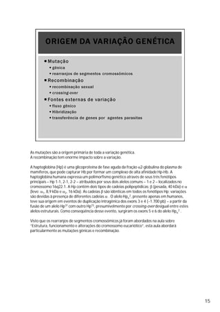 As mutações são a origem primária de toda a variação genética.
A recombinação tem enorme impacto sobre a variação.
A haptoglobina (Hp) é uma glicoproteína de fase aguda da fração 2-globulina do plasma de
mamíferos, que pode capturar Hb por formar um complexo de alta afinidade Hp-Hb. A
haptoglobina humana expressa um polimorfismo genético através de seus três fenótipos
principais – Hp 1-1, 2-1, 2-2 – atribuídos por seus dois alelos comuns – 1 e 2 – localizados no
cromossomo 16q22.1. A Hp contém dois tipos de cadeias polipeptídicas: (pesada, 40 kDa) e
(leve: 1, 8,9 kDa e 2, 16 kDa). As cadeias são idênticas em todos os fenótipos Hp; variações
são devidas à presença de diferentes cadeias . O alelo Hp 2, presente apenas em humanos,
teve sua origem em eventos de duplicação intragênica dos exons 3 e 4 (~1.700 pb) – a partir da
fusão de um alelo Hp1F com outro Hp1S, presumivelmente por crossing-overdesigual entre estes
alelos estruturais. Como conseqüência desse evento, surgiram os exons 5 e 6 do alelo Hp 2 .
Visto que os rearranjos de segmentos cromossômicos já foram abordados na aula sobre
“Estrutura, funcionamento e alterações do cromossomo eucariótico”, esta aula abordará
particularmente as mutações gênicas e recombinação.
15
 