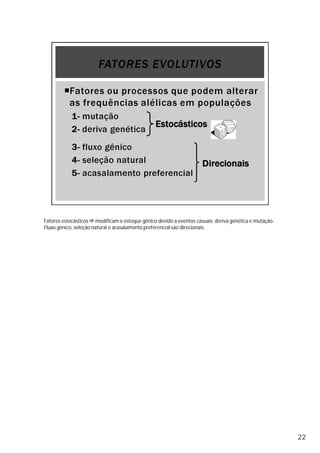 22
Fatores estocásticos modificam o estoque gênico devido a eventos casuais: deriva genética e mutação.
Fluxo gênico, seleção natural e acasalamento preferencial são direcionais.
 