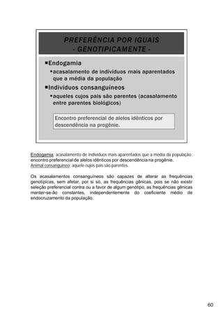 Endogamia: acasalamento de indivíduos mais aparentados que a média da população;
encontro preferencial de alelos idênticos por descendência na progênie.
Animal consanguíneo: aquele cujos pais são parentes.
Os acasalamentos consanguíneos são capazes de alterar as frequências
genotípicas, sem afetar, por si só, as frequências gênicas, pois se não existir
seleção preferencial contra ou a favor de algum genótipo, as frequências gênicas
manter-se-ão constantes, independentemente do coeficiente médio de
endocruzamento da população.
60
 