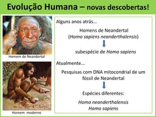 Evolução Humana – novas descobertas!
Homem de Neandertal
Homem moderno
Alguns anos atrás...
Homens de Neandertal
(Homo sapiens neanderthalensis)
subespécie de Homo sapiens
Atualmente...
Pesquisas com DNA mitocondrial de um
fóssil de Neandertal
Espécies diferentes:
Homo neanderthalensis
Homo sapiens
 