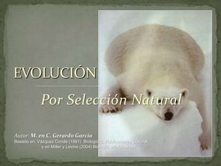 Por Selección Natural EVOLUCIÓN Autor: M. en C. Gerardo García Basado en: Vázquez Conde (1991)  Biología 2, Publicaciones Cultural                        y en Miller y Levine (2004) Biología. Mc-Graw-Hill 