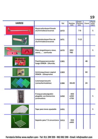 19
                                                                           Grosor          Piezas
 PIQUETAS   VARIOS                                          Ref.   Medidas Diametro Granel bolsa
                                                                    m/m.    m/m.           oskin
                               Reparadordeperfilesde
                               aluminiodecaravanas         1472              7-9             1



                               Limpiadordeperfiles de      1471              7-13
                               aluminiodecaravanas



                               Pala plegablepara nieve,    1470    320/                      1
                               arena,... , confunda                760



                               Pastillasparaencender       1381                      48
                               fuego CRACK - 24unids.



                               Antimosquitosen espiral     1383                      60
                               CRACK - 10espirales


                               Losetasparasuelo
                               (consultarmodelos)          1386    30x30             24




                               Fresqueradealgodón                   400
                               plegable con3estantes       1450    x200                      1
                               ycremallera                         x700




                               Tapa para lanza ajustable   1451                              1




                               Soporte para T.V.enventana 1411      355
                                                                   x400




Ferretería Online www.neoferr.com - Tel: 911 299 559 - 902 002 390 - Email: info@neoferr.com
 