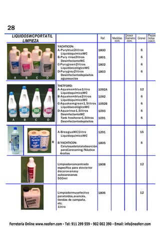 28
    LIQUIDOSWCPORTATIL                                                       Grosor          Piezas
    PIQUETAS                                                  Ref.   Medidas Diametro Granel bolsa
          LIMPIEZA                                                    m/m.    m/m.           oskin
                                YACHTICON:
                                A-Puryblue2litros            1800                       6
                                  LíquidoquímicoWC
                                B-Pury rinse2litros          1801                       6
                                  DesinfectanteWC
                                C-Purygreen2litros           1802                       6
                                  LíquidoecológicoWC
                                D-Purygrey2litros            1803                       6
                                  Desinfectantedepósitos
     A         B   C    D         aguassucias

                                THETFORD:
                                A-Aquakemblue1litro          1092A                      12
                                  LíquidoquímicoWC
                                B-Aquakemblue2litros         1092                       6
                                  LíquidoquímicoWC
                                C-Aquakemgreen1,5litros      1092B                      6
                                  LíquidoecológicoWC
                                D-Aquarinse1,5litros         1093                       6
                                  DesinfectanteWC
                                  Tank freshener1,5litros    1091                       6
    A      B       C    D
                                  Desinfectantedepósitos


                                A-BreaguaWC1litro            1291                       15
                                  LíquidoquímicoWC
A                           B   B-YACHTICON:               1805                         6
                                  Celulosadetotalabsorción
                                  paraCaravaning/Náutica
                                  4rollos


                                Limpiadorconcentrado         1808                       12
                                específico para elexterior
                                decaravanasy
                                autocaravanas
                                500ml



                                Limpiadormuyefectivo         1806                       12
                                paratoldos,avancés,
                                tiendas de campaña,
                                etc.
                                1litro




Ferretería Online www.neoferr.com - Tel: 911 299 559 - 902 002 390 - Email: info@neoferr.com
 