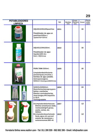 29
     POTABILIZADORES
 PIQUETAS                                                  Ref.
                                                                           Grosor          Piezas
                                                                   Medidas Diametro Granel bolsa
        LIMPIEZA                                                    m/m.    m/m.           oskin

                               AQUACLEAN100pastillas      1811                        16

                               Potabilizador de agua en
                               pastillas(100un.)
                               1pastilla=1litro




                               AQUACLEAN100ml.            1810                        16

                               Potabilizador de agua
                               líquido(100 ml.)
                               5ml.=50litros




                               PURA TANK 500ml.           1809                        16

                               Limpiadordesinfectante
                               paratanques,circuitos y
                               bombas de agua potable.
                               Activoporoxígeno.
                               500ml=1tanque160litros


                               SANICLEAN60ml.             1804                        24
                               Desinfectanteenspraypara
                               baños y sanitarios.
                               Efectivo contrabacterias,
                               virus,hongos,HIV,hepatitis
                               A,ByC.
                               Tactoagradable

                               A-Limpiadordebarbacoas 1807                            12
                                 Elimina sinesfuerzo óxido,
                                 residuosdelgrill,grasa,
 A               B               aceite, ceniza, etc.
                                 500ml.
                               B-Limpiadordeseñalesde 1812                            12
                                 lluvia,agua,etc.parael
                                 exterior de caravanas y
                                 autocaravanas.500 ml.




Ferretería Online www.neoferr.com - Tel: 911 299 559 - 902 002 390 - Email: info@neoferr.com
 