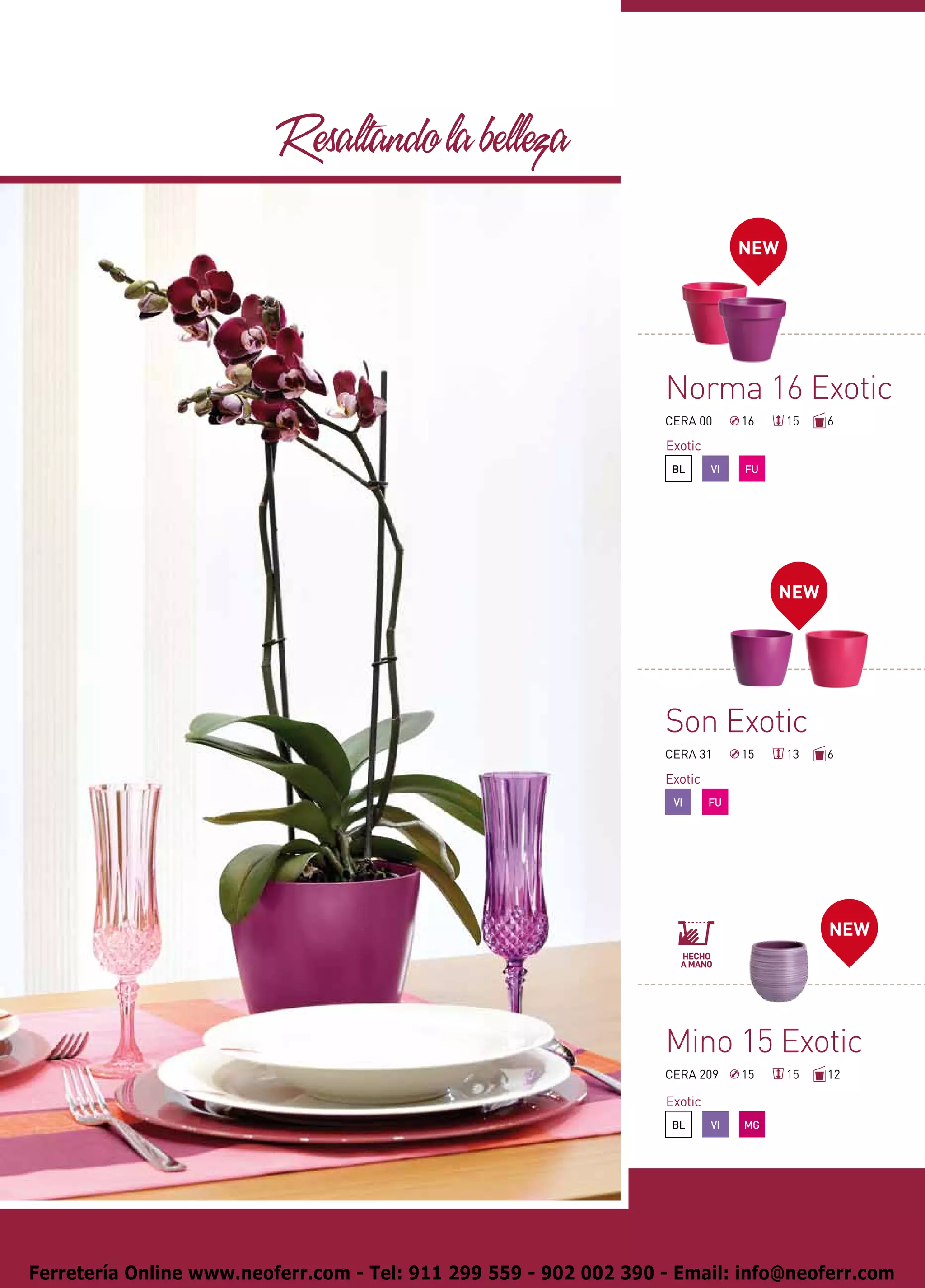 Resaltando la belleza

                                                                                 NEW




                                                                   Norma 16 Exotic
                                                                   CERA 00       16    15   6

                                                                   Exotic
                                                                    BL      VI   FU




                                                                                      NEW




                                                                   Son Exotic
                                                                   CERA 31       15    13   6

                                                                   Exotic
                                                                    VI      FU




                                                                                            NEW




                                                                   Mino 15 Exotic
                                                                   CERA 209      15    15   12

                                                                   Exotic
                                                                    BL      VI   MG




Ferretería Online www.neoferr.com - Tel: 911 299 559 - 902 002 390 - Email: info@neoferr.com
 