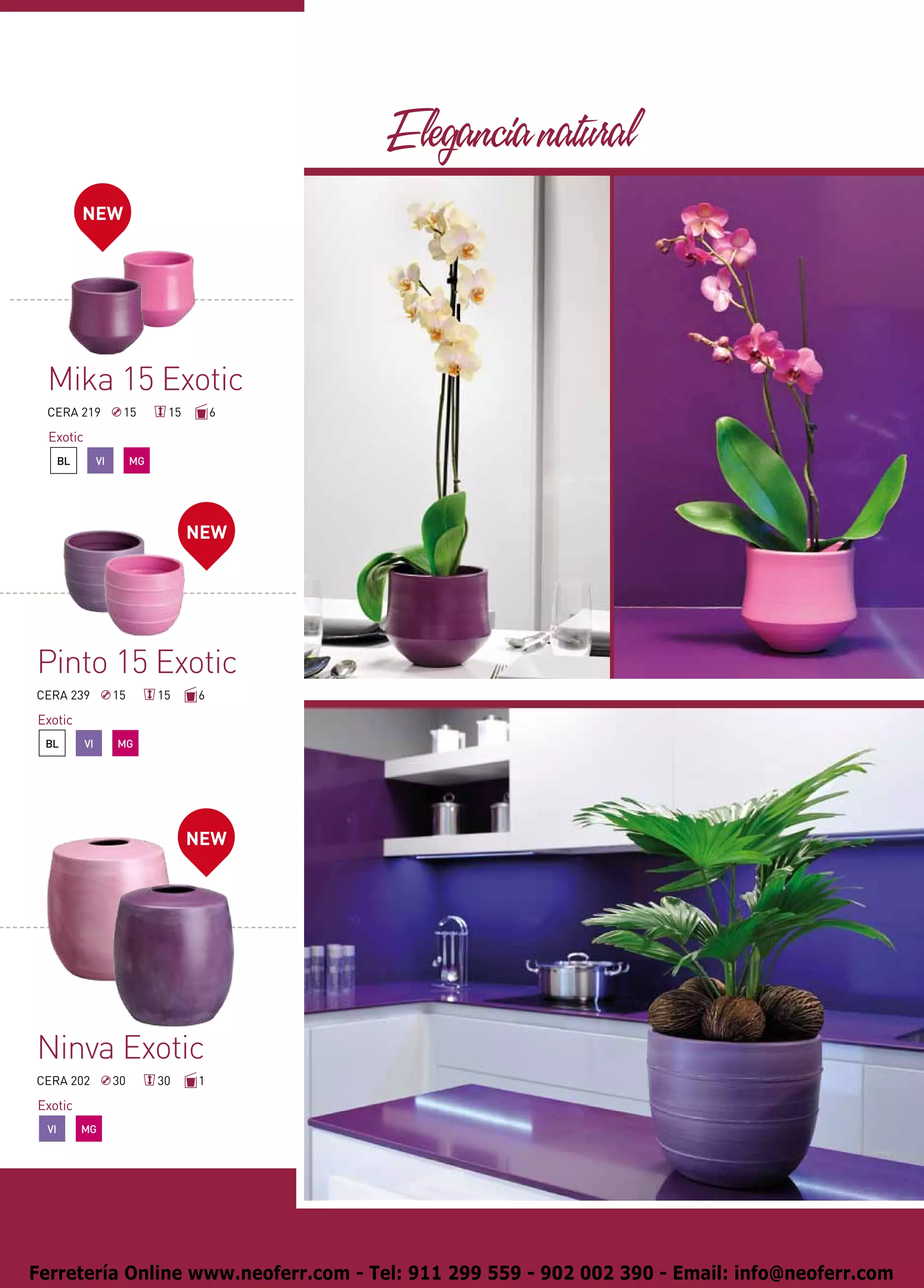 Elegancia natural
           NEW




 Mika 15 Exotic
 CERA 219             15        15       6

  Exotic
      BL        VI        MG




                                     NEW




Pinto 15 Exotic
CERA 239             15        15    6

Exotic
 BL        VI        MG




                                     NEW




Ninva Exotic
CERA 202             30        30    1

Exotic
 VI        MG




Ferretería Online www.neoferr.com - Tel: 911 299 559 - 902 002 390 - Email: info@neoferr.com
 