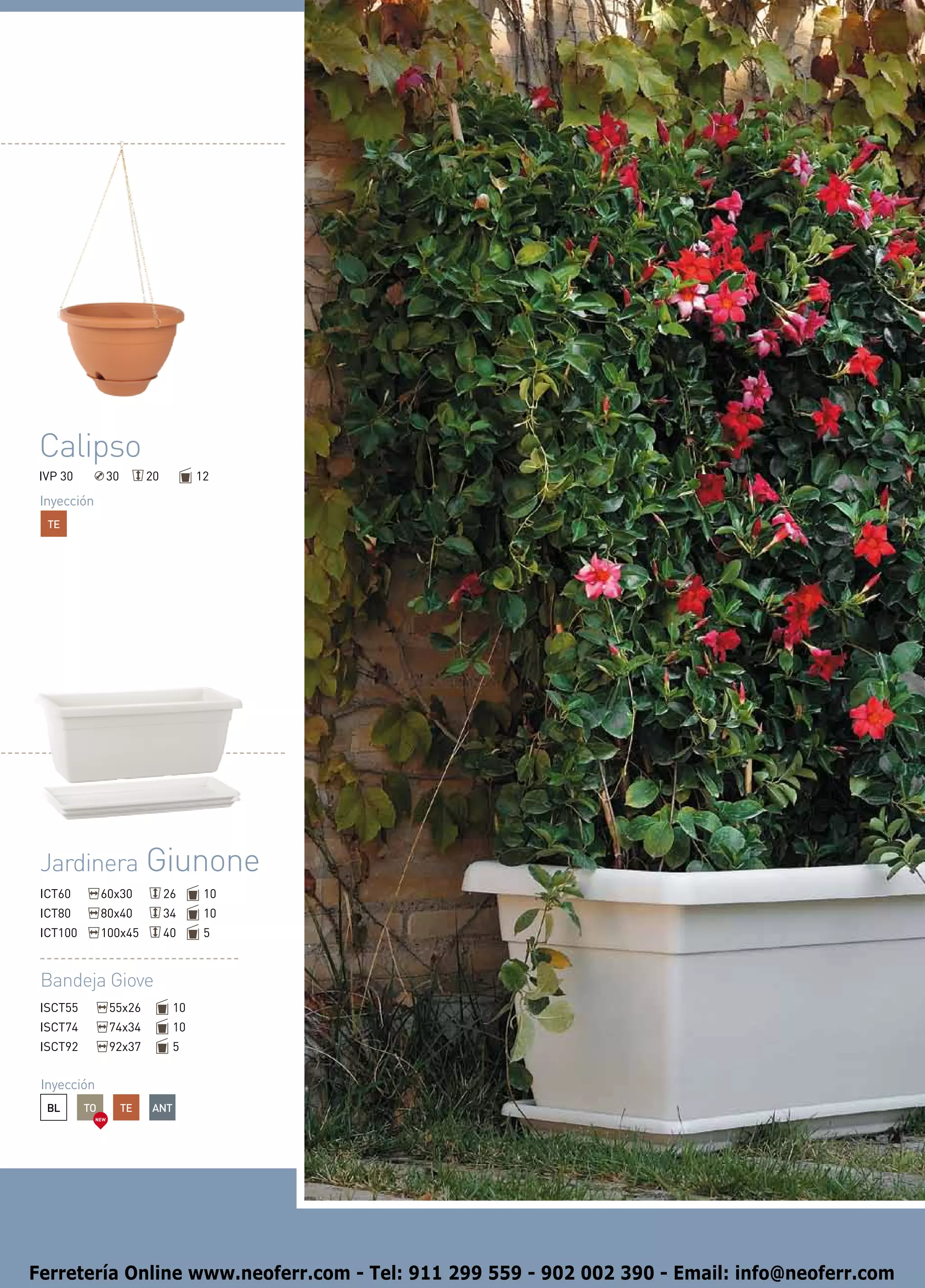 Calipso
 IVP 30            30        20         12

 Inyección
  TE




 Jardinera Giunone
 ICT60         60x30              26     10
 ICT80         80x40              34     10
 ICT100        100x45             40     5


 Bandeja Giove
 ISCT55            55x26           10
 ISCT74            74x34           10
 ISCT92            92x37           5


 Inyección
  BL      TO            TE   ANT
             NEW




Ferretería Online www.neoferr.com - Tel: 911 299 559 - 902 002 390 - Email: info@neoferr.com
 