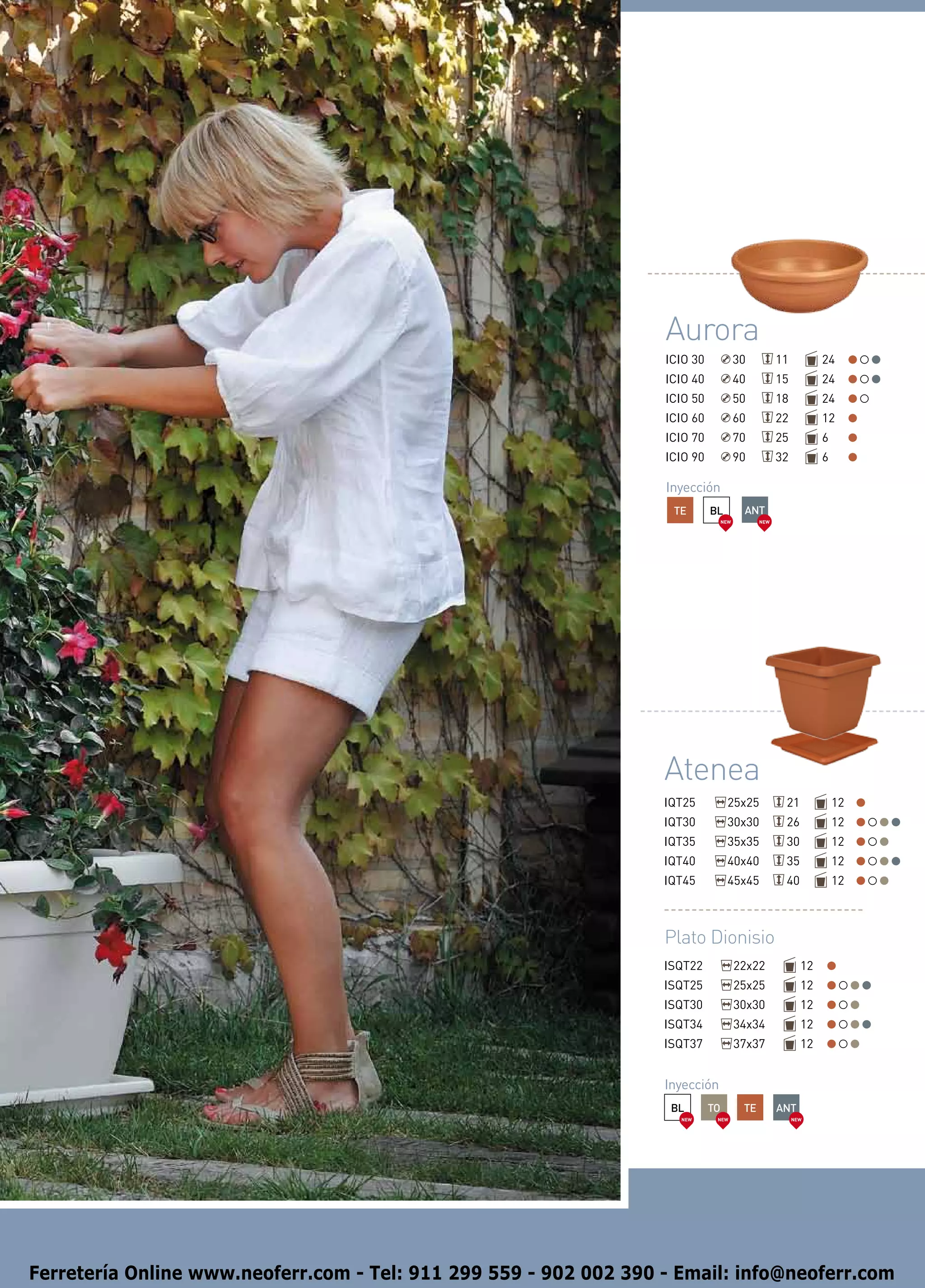 Aurora
                                                                   ICIO 30              30          11          24
                                                                   ICIO 40              40          15          24
                                                                   ICIO 50              50          18          24
                                                                   ICIO 60              60          22          12
                                                                   ICIO 70              70          25          6
                                                                   ICIO 90              90          32          6

                                                                   Inyección
                                                                    TE       BL          ANT
                                                                                  NEW         NEW




                                                                   Atenea
                                                                   IQT25           25x25             21             12
                                                                   IQT30           30x30             26             12
                                                                   IQT35           35x35             30             12
                                                                   IQT40           40x40             35             12
                                                                   IQT45           45x45             40             12



                                                                   Plato Dionisio
                                                                   ISQT22               22x22              12
                                                                   ISQT25               25x25              12
                                                                   ISQT30               30x30              12
                                                                   ISQT34               34x34              12
                                                                   ISQT37               37x37              12


                                                                   Inyección
                                                                    BL       TO          TE         ANT
                                                                     NEW      NEW                        NEW




Ferretería Online www.neoferr.com - Tel: 911 299 559 - 902 002 390 - Email: info@neoferr.com
 