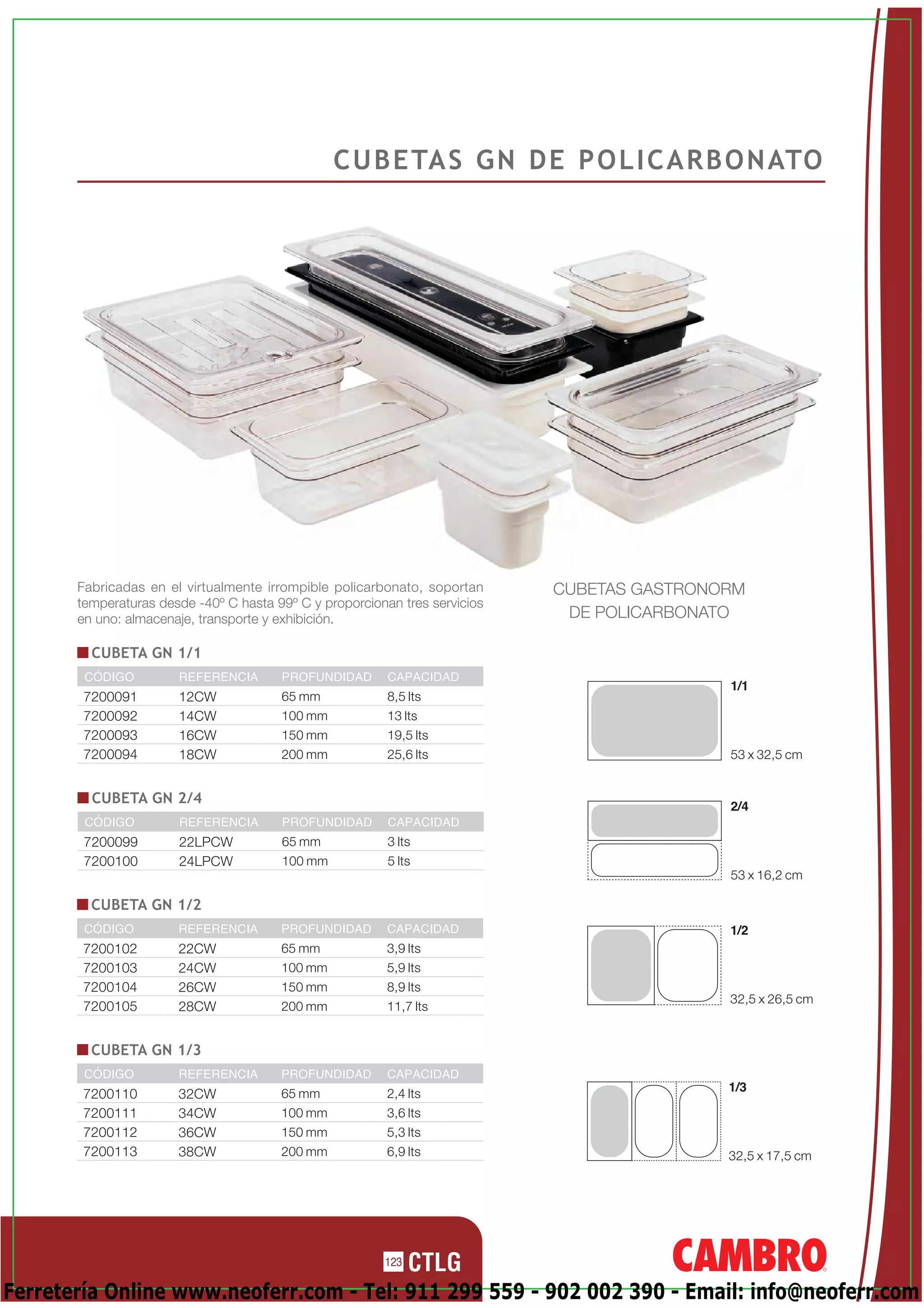 C U B E TA S G N D E P O L I C A R B O N ATO




       Fabricadas en el virtualmente irrompible policarbonato, soportan      CUBETAS GASTRONORM
       temperaturas desde -40º C hasta 99º C y proporcionan tres servicios
       en uno: almacenaje, transporte y exhibición.                           DE POLICARBONATO

         CUBETA GN 1/1
        CÓDIGO         REFERENCIA       PROFUNDIDAD       CAPACIDAD
                                                                                             1/1
        7200091        12CW             65 mm             8,5 lts
        7200092        14CW             100 mm            13 lts
        7200093        16CW             150 mm            19,5 lts
        7200094        18CW             200 mm            25,6 lts                           53 x 32,5 cm


         CUBETA GN 2/4
                                                                                             2/4
        CÓDIGO         REFERENCIA       PROFUNDIDAD       CAPACIDAD
        7200099        22LPCW           65 mm             3 lts
        7200100        24LPCW           100 mm            5 lts
                                                                                             53 x 16,2 cm

         CUBETA GN 1/2
        CÓDIGO         REFERENCIA       PROFUNDIDAD       CAPACIDAD                          1/2
        7200102        22CW             65 mm             3,9 lts
        7200103        24CW             100 mm            5,9 lts
        7200104        26CW             150 mm            8,9 lts
                                                                                             32,5 x 26,5 cm
        7200105        28CW             200 mm            11,7 lts


         CUBETA GN 1/3
        CÓDIGO         REFERENCIA       PROFUNDIDAD       CAPACIDAD
                                                                                             1/3
        7200110        32CW             65 mm             2,4 lts
        7200111        34CW             100 mm            3,6 lts
        7200112        36CW             150 mm            5,3 lts
        7200113        38CW             200 mm            6,9 lts                            32,5 x 17,5 cm




                                                         123

Ferretería Online www.neoferr.com - Tel: 911 299 559 - 902 002 390 - Email: info@neoferr.com
 