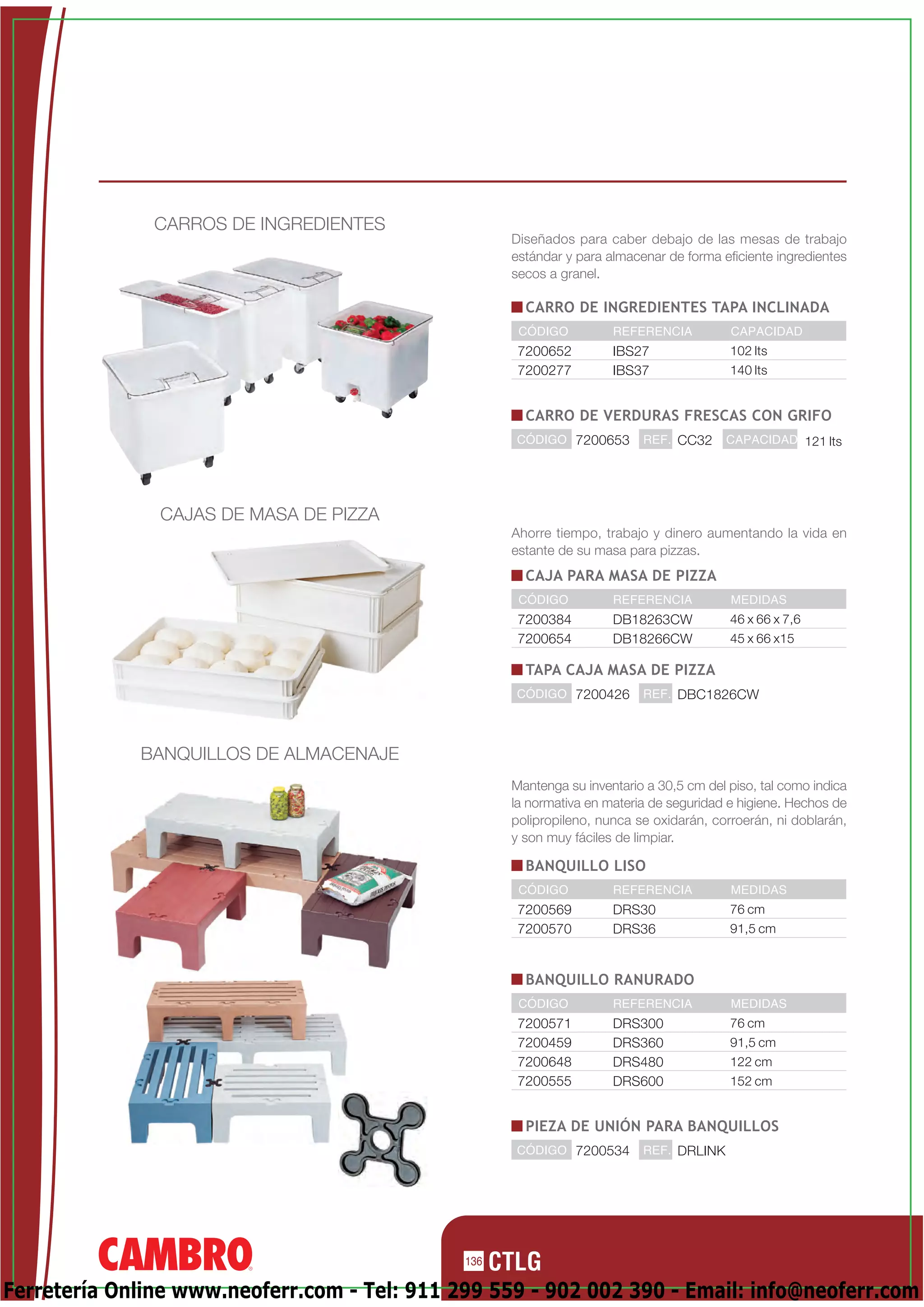 CARROS DE INGREDIENTES
                                                    Diseñados para caber debajo de las mesas de trabajo
                                                    estándar y para almacenar de forma eficiente ingredientes
                                                    secos a granel.

                                                      CARRO DE INGREDIENTES TAPA INCLINADA
                                                     CÓDIGO          REFERENCIA          CAPACIDAD
                                                     7200652         IBS27               102 lts
                                                     7200277         IBS37               140 lts


                                                      CARRO DE VERDURAS FRESCAS CON GRIFO
                                                    CÓDIGO 7200653        REF. CC32      CAPACIDAD 121 lts




               CAJAS DE MASA DE PIZZA
                                                    Ahorre tiempo, trabajo y dinero aumentando la vida en
                                                    estante de su masa para pizzas.
                                                      CAJA PARA MASA DE PIZZA
                                                     CÓDIGO          REFERENCIA          MEDIDAS
                                                     7200384         DB18263CW           46 x 66 x 7,6
                                                     7200654         DB18266CW           45 x 66 x15

                                                      TAPA CAJA MASA DE PIZZA
                                                    CÓDIGO 7200426        REF. DBC1826CW




             BANQUILLOS DE ALMACENAJE
                                                    Mantenga su inventario a 30,5 cm del piso, tal como indica
                                                    la normativa en materia de seguridad e higiene. Hechos de
                                                    polipropileno, nunca se oxidarán, corroerán, ni doblarán,
                                                    y son muy fáciles de limpiar.

                                                      BANQUILLO LISO
                                                     CÓDIGO          REFERENCIA          MEDIDAS
                                                     7200569         DRS30               76 cm
                                                     7200570         DRS36               91,5 cm



                                                      BANQUILLO RANURADO
                                                     CÓDIGO          REFERENCIA          MEDIDAS
                                                     7200571         DRS300              76 cm
                                                     7200459         DRS360              91,5 cm
                                                     7200648         DRS480              122 cm
                                                     7200555         DRS600              152 cm


                                                      PIEZA DE UNIÓN PARA BANQUILLOS
                                                    CÓDIGO 7200534        REF. DRLINK




                                              136

Ferretería Online www.neoferr.com - Tel: 911 299 559 - 902 002 390 - Email: info@neoferr.com
 