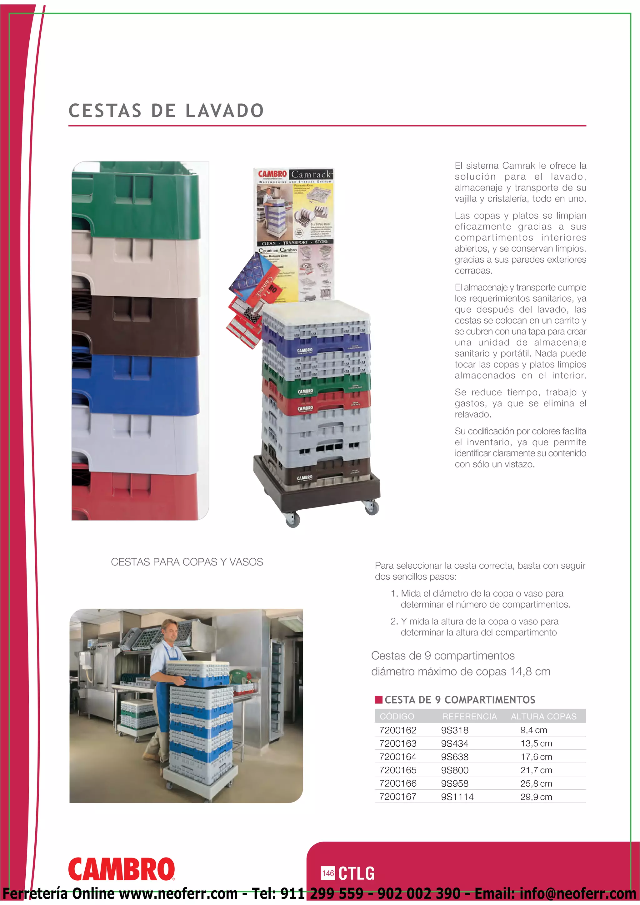 C E S TA S D E L AVA D O

                                                                         El sistema Camrak le ofrece la
                                                                         solución para el lavado,
                                                                         almacenaje y transporte de su
                                                                         vajilla y cristalería, todo en uno.
                                                                         Las copas y platos se limpian
                                                                         eficazmente gracias a sus
                                                                         c o m p a r t i m e n t o s i n t e r i o re s
                                                                         abiertos, y se conservan limpios,
                                                                         gracias a sus paredes exteriores
                                                                         cerradas.
                                                                         El almacenaje y transporte cumple
                                                                         los requerimientos sanitarios, ya
                                                                         que después del lavado, las
                                                                         cestas se colocan en un carrito y
                                                                         se cubren con una tapa para crear
                                                                         una unidad de almacenaje
                                                                         sanitario y portátil. Nada puede
                                                                         tocar las copas y platos limpios
                                                                         almacenados en el interior.
                                                                         Se reduce tiempo, trabajo y
                                                                         gastos, ya que se elimina el
                                                                         relavado.
                                                                         Su codificación por colores facilita
                                                                         el inventario, ya que permite
                                                                         identificar claramente su contenido
                                                                         con sólo un vistazo.




               CESTAS PARA COPAS Y VASOS              Para seleccionar la cesta correcta, basta con seguir
                                                      dos sencillos pasos:
                                                         1. Mida el diámetro de la copa o vaso para
                                                            determinar el número de compartimentos.
                                                         2. Y mida la altura de la copa o vaso para
                                                            determinar la altura del compartimento

                                                     Cestas de 9 compartimentos
                                                     diámetro máximo de copas 14,8 cm

                                                        CESTA DE 9 COMPARTIMENTOS
                                                       CÓDIGO         REFERENCIA            ALTURA COPAS
                                                       7200162        9S318                    9,4 cm
                                                       7200163        9S434                    13,5 cm
                                                       7200164        9S638                    17,6 cm
                                                       7200165        9S800                    21,7 cm
                                                       7200166        9S958                    25,8 cm
                                                       7200167        9S1114                   29,9 cm




                                              146

Ferretería Online www.neoferr.com - Tel: 911 299 559 - 902 002 390 - Email: info@neoferr.com
 