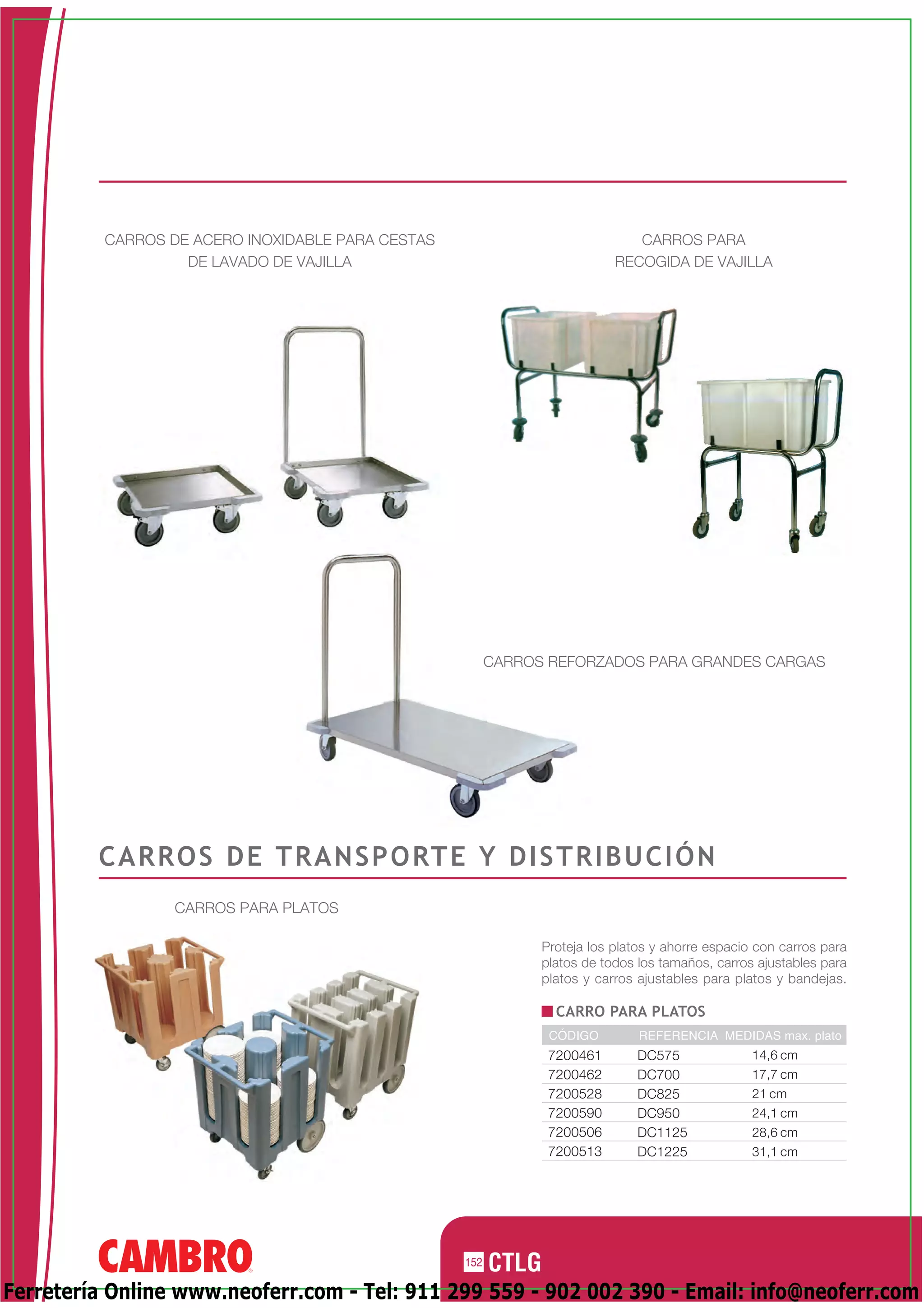 CARROS DE ACERO INOXIDABLE PARA CESTAS                              CARROS PARA
                   DE LAVADO DE VAJILLA                                    RECOGIDA DE VAJILLA




                                                         CARROS REFORZADOS PARA GRANDES CARGAS




         C A R R O S D E T R A N S P O RT E Y D I S T R I B U C I Ó N
                  CARROS PARA PLATOS

                                                               Proteja los platos y ahorre espacio con carros para
                                                               platos de todos los tamaños, carros ajustables para
                                                               platos y carros ajustables para platos y bandejas.

                                                                 CARRO PARA PLATOS
                                                                CÓDIGO         REFERENCIA MEDIDAS max. plato
                                                                7200461        DC575              14,6 cm
                                                                7200462        DC700              17,7 cm
                                                                7200528        DC825              21 cm
                                                                7200590        DC950              24,1 cm
                                                                7200506        DC1125             28,6 cm
                                                                7200513        DC1225             31,1 cm




                                                   152

Ferretería Online www.neoferr.com - Tel: 911 299 559 - 902 002 390 - Email: info@neoferr.com
 