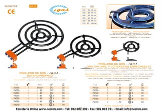 90/396/CEE                   Ref. 49                                                   Mod.        Cm.



  CE
                                                                                       L20     26 - 40 cm.
                                                                                       L30     36 - 55 cm.
                                                                                       L40     30 - 65 cm.
                                                                                       L50     42 - 80 cm.
                                                                                       L60     34 - 90 cm.
                                                                                       L70     42 - 100 cm.



                                                                                                                          salida de gas lateral - vál vula con mínimo
                                                                                                                           Gas outlet side - gas val ve with minimal
                                                                                                                        De gaz à sortie latérale - La vanne de gaz avec
                                                                                                                                           un minimum
                                                                                                                         Gasaustrittsseite - gasventil mit minimalem




                                                                                                    PAELLERO DE GAS - + gas -
                                                                                              GAS NATURAL Y CONEXIONES ESPECIALES (*)
                                                                                           GAS RING - natural gas and special connections (*) • BRÛLEUR À GAZ - gaz
                                                                                         natural et branchements spéciaux (*) • GASBRENNER erdgas und besondere

              PAELLERO DE GAS - + gas -
                                                                                                                     gasanschlüsse (*)
                                                                                         USO EXTERIORES • OUTDOOR use • utilisation À L´extérieur • IM FREIEM BENUTZEN
                  BUTANO/PROPANO                                                              ESPECIFICAR PAÍS DE DESTINO Y TIPO DE GAS • specify country of destination
                  GAS RING • BRÛLEUR À GAZ • GASBRENNER                                         and type of gas • Préciser le pays de destination et le type de gaz •
       USO EXTERIORES • outside use • utilisation extérieure • äußerer Gebrauch
                                                                                                                     Bestimmungsland gasart


       Cod.                            Mod.              nº               Ø                              Cod.                    Mod.           nº          Ø
                                                                         cm.                                                                               cm.
      76100              1             Difusor              2            20                          76120          1            L   -   20       2         20
      76020              1             L - 20               2            20                          76130          1            L   -   30       2         30
      76030              1             L - 30               2            30                          76140          1            L   -   40       3         35
      76040              1             L - 40               3            40                          76150          1            L   -   50       3         40
      76050              1             L - 50               3            50                          76160          1            L - 60              4      45
      76060              1             L - 60                 4          60                          76170          1            L - 70              4      50
      76070              1             L - 70                 4          70                                      * Francia roscado, USA, Australia, ...
                                                                                  17
         Ferretería Online www.neoferr.com - Tel: 902 002 390 - Fax: 902 002 391 - Email: info@neoferr.com
 