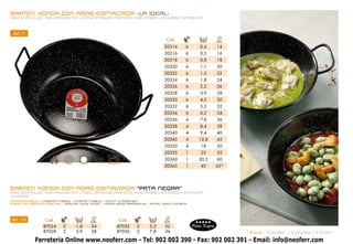 SARTEN HONDA CON ASAS ESMALTADA -LA IDEAL-
DEEP ENAMELLED TWO HANDLES PAN • POÊLE ÉMAILLÉE PROFONDE AVEC ANSES • SCHÜSSELN EMALLIERT




 Ref. 7
                                                                               Cod.              L        Ø
                                                                                                          cm.
                                                                              20314      6      0,4       14
                                                                              20316      6      0,5       16
                                                                              20318      6      0,8       18
                                                                              20320      6      1,1       20
                                                                              20322      6      1,3       22
                                                                              20324      6      1,8       24
                                                                              20326      6      2,2       26
                                                                              20328      6      3,9       28
                                                                              20330      6      4,5       30
                                                                              20332      6      5,3       32
                                                                              20334      6      6,2       34
                                                                              20336      4      7,8       36
                                                                              20338      4      8,4       38
                                                                              20340      4      9,4       40
                                                                              20345      4      12,8      45
                                                                              20350      4      18        50
                                                                              20355      1      25        55
                                                                              20360      1      30,3      60
                                                                              20365      1      45        65*




SARTEN HONDA CON ASAS ESMALTADA “PATA NEGRA”
DEEP ENAMELLED TWO HANDLES PAN • POÊLE ÉMAILLÉE PROFONDE AVEC ANSES • SCHÜSSELN EMALLIERT
UNIVERSAL
INDEFORMABLE • undeformable • indéformable • NichtT ungestal    t
ACERO DE GROSOR ESPECIAL • SPECIAL WIDE STEEL • ACIER GROS ÉPAISSEUR • STAHL DIKEN KALIBER




Ref. 7-B         Cod.             L      Ø             Cod.             L      Ø
                                         cm.                                  cm.
                87024      2     1,8     24           87032     2      5,3    32             Pata Negra
                87028      2     3,9     28           87036     2      7,8    36                                * 4 asas / 4 handles / 4 poignées / 4 Griffen
                                                                                    7
            Ferretería Online www.neoferr.com - Tel: 902 002 390 - Fax: 902 002 391 - Email: info@neoferr.com
 