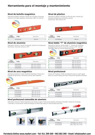 Herramienta para el montaje y mantenimiento


    Nivel de bolsillo magnético                                                 Nivel de plástico
    Fabricado en plástico resistente. Provisto de 3 burbujas, horizontal,       Fabricado en plástico reforzado con fibra de vidrio. Provisto de 2
    vertical y a 45º. Base magnética. Dimensiones: 200 x 15 x 40 mm.            burbujas de fácil lectura, horizontal y vertical.
                                                                                Dimensiones: 400 x 28 x52 mm.
                   MAGN
                       É
                       TIC
                          0




        Código                                                                      Código
                     Código                        Descripción                                      Código                      Descripción
    ROTHENBERGER                                                                ROTHENBERGER

    •              202020000                         200 mm                 1   •              201040000                          400 mm               1

    Nivel de aluminio                                                           Nivel doble “T” de aluminio magnético
    Fabricado en aluminio. Sección rectangular. Provisto de 3 burbujas de       Fabricado en alumnio. Sección doble “T”. Provisto de 3 burbujas
    fácil lectura, horizontal, vertical y a 45º.                                protegidas de fácil lectura, horizontal, vertical y a 45º. Laterales
                                                                                reforzados. Base con canal de apoyo para tubo.
                                                                                       MAGN
                                                                                           É


                                                                                             TIC
                                                                                                0
                                                                                    Código
                                                                                                    Código                      Descripción
                                                                                ROTHENBERGER

        Código
                     Código                        Descripción                  •              M76063200                      400 x 25 x 60 mm         1
    ROTHENBERGER
                                                                                •              M76063600                      500 x 25 x 60 mm         1
    •              200030000                    300 x 20,5 x 49 mm          1   •              M76063800                      600 x 26 x 60 mm         1
    •              200040000                    400 x 20,5 x 49 mm          1   •              M76064000                      800 x 26 x 60 mm         1
    •              200060000                    600 x 20,5 x 49 mm          1   •              M76064400                     1.000 x 26 x 60 mm        1


    Nivel de arco magnético                                                     Nivel profesional
    Fabricado en aluminio. Cuerpo resistente antichoque. Provisto de 2          Provisto de 3 burbujas. Doble asa ergonómica para un mejor agarre.
    burbujas de fácil lectura, horizontal y vertical. Base magnética.           Bases con canal de apoyo para tubo. Protecciones laterales antichoque.
     MAGN
         É
           TIC
              0




        Código
                     Código                        Descripción
    ROTHENBERGER
                                                                                    Código
                                                                                                    Código                      Descripción
    •              M76030200                     300 x 20 x 42 mm           1   ROTHENBERGER

    •              M76030400                     400 x 20 x 42 mm           1   •              M76040000                      300 x 20 x 42 mm         1
    •              M76030600                     500 x 20 x 42 mm           1   •              M76060000                      400 x 20 x 42 mm         1
    •              M76030800                     600 x 20 x 42 mm           1   •              M76080000                      500 x 20 x 42 mm         1

    Nivel profesional extensible de aluminio
    Fabricado en aluminio. Diseño ergonómico que facilita su agarre. Protecciones laterales antichoque. Extensible. Provisto de 3 burbujas,
    2 verticales y una horizontal. Visores de burbuja con efecto lupa. Base con canal de apoyo para tubo.




                                                                                    Código
                                                                                                    Código                      Descripción
                                                                                ROTHENBERGER

                                                                                •              M78080000                   600 (900) x 30 x 70 mm      1
                                                                                •              M78100000                  900 (1.200) x 30 x 70 mm     1




Ferretería Online www.neoferr.com - Tel: 911 299 559 - 902 002 390 - Email: info@neoferr.com
 