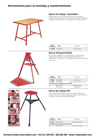 Herramienta para el montaje y mantenimiento


                                               Banco de trabajo “Instalador”
                                               Estable, robusto, fácil de transportar. Bastidor tubular plegable.
                                               Protegido con pintura epoxy. Provisto de tornillo nivelador y tablero de
                                               madera de haya. Dimensiones: 1000x700x 30 mm. Altura: 825 mm.




                                                  Código
                                                               Código                         Descripción
                                               ROTHENBERGER

                                               • 7.06960      R7.069600                     Banco de trabajo         1


                                               Banco Tristand 462/463
                                               Banco sólido y plegable. De gran estabilidad y con pata posterior
                                               regulable. Base metálica. Acepta mordazas tipo 400 (hasta 4”),
                                               404 (hasta 4”) y 450 (hasta 2”). Fabricadas de acuerdo con las normas
                                               UNE 16.547.




                                                  Código
                                                               Código                         Descripción
                                               ROTHENBERGER

                                               • 8.0376    462000000                      Banco Tristand             1
                                               • 7.0750    463000000            Tristand con placa de curvar tubos   1
                                               Tornillos para el montaje de mordazas
                                               •           462010100                   Mordaza 400 y 450             1
                                               •           462010200                       Mordaza 404               1


                                               Banco de trabajo 464
                                               Banco plegable fabricado en aluminio. Un nuevo concepto para
                                               trabajar a pie de obra. Válido para trabajar cualquier tipo de tubo con
                                               los equipos y herramientas de ROTHENBERGER.




                                                  Código
                                                               Código                         Descripción
                                               ROTHENBERGER

                                               • 7.0751 464000016                    Banco de trabajo 464            1
                                               Tornillos para el montaje de mordazas
                                               •           464010100                  Para 400, 404, 450             1




Ferretería Online www.neoferr.com - Tel: 911 299 559 - 902 002 390 - Email: info@neoferr.com
 