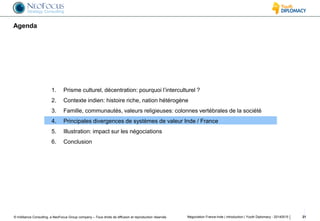 © InAlliance Consulting, a NeoFocus Group company – Tous droits de diffusion et reproduction réservés
Agenda
Négociation France-Inde | introduction | Youth Diplomacy - 20140515 21
1. Prisme culturel, décentration: pourquoi l’interculturel ?
2. Contexte indien: histoire riche, nation hétérogène
3. Famille, communautés, valeurs religieuses: colonnes vertébrales de la société
4. Principales divergences de systèmes de valeur Inde / France
5. Illustration: impact sur les négociations
6. Conclusion
 