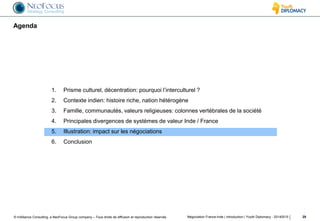 © InAlliance Consulting, a NeoFocus Group company – Tous droits de diffusion et reproduction réservés
Agenda
Négociation France-Inde | introduction | Youth Diplomacy - 20140515 29
1. Prisme culturel, décentration: pourquoi l’interculturel ?
2. Contexte indien: histoire riche, nation hétérogène
3. Famille, communautés, valeurs religieuses: colonnes vertébrales de la société
4. Principales divergences de systèmes de valeur Inde / France
5. Illustration: impact sur les négociations
6. Conclusion
 