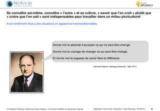 © InAlliance Consulting, a NeoFocus Group company – Tous droits de diffusion et reproduction réservés
Se connaître soi-même, connaître « l’autre » et sa culture, « savoir que l’on croit » plutôt que
« croire que l’on sait » sont indispensables pour travailler dans un milieu pluriculturel
35Négociation France-Inde | introduction | Youth Diplomacy - 20140515
(Reinhold Niebuhr, théologue américain, 1892-1971)
Donne moi la sérénité d’accepter ce qui ne peut être changé;
Donne moi le courage de changer ce qui peut être changé;
Et donne moi la sagesse de savoir faire la différence
A se remémorer face à des situations en apparence incompréhensibles
 