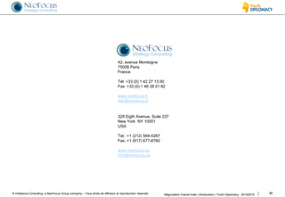 © InAlliance Consulting, a NeoFocus Group company – Tous droits de diffusion et reproduction réservés 37Négociation France-Inde | introduction | Youth Diplomacy - 20140515
42, avenue Montaigne
75008 Paris
France
Tél: +33 (0) 1 42 27 13 00
Fax: +33 (0) 1 46 39 01 82
www.neofocus.fr
info@neofocus.fr
328 Eigth Avenue, Suite 237
New York NY 10001
USA
Tel.: +1 (212) 594-4267
Fax: +1 (917) 677-8760
www.neofocus.us
info@neofocus.us
 