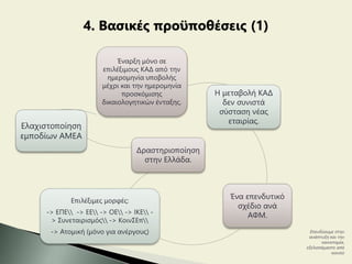 4. Βασικές προϋποθέσεις (1)
Έναρξη μόνο σε
επιλέξιμους ΚΑΔ από την
ημερομηνία υποβολής
μέχρι και την ημερομηνία
προσκόμισης
δικαιολογητικών ένταξης.
Η μεταβολή ΚΑΔ
δεν συνιστά
σύσταση νέας
εταιρίας.
Ένα επενδυτικό
σχέδιο ανά
ΑΦΜ.
Επιλέξιμες μορφές:
-> ΕΠΕ -> ΕΕ -> ΟΕ -> ΙΚΕ -
> Συνεταιρισμός -> ΚοινΣΕπ
-> Ατομική (μόνο για ανέργους)
Δραστηριοποίηση
στην Ελλάδα.
Ελαχιστοποίηση
εμποδίων ΑΜΕΑ
Επενδύουμε στην
ανάπτυξη και την
καινοτομία,
εξελισσόμαστε από
κοινού
 