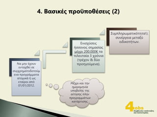 4. Βασικές προϋποθέσεις (2)
Να μην έχουν
ενταχθεί σε
συγχρηματοδοτούμ
ενα προγράμματα
ατομικά ή ως
εταίροι από
01/01/2012.
Ενισχύσεις
ήσσονος σημασίας
μέχρι 200.000€ τα
τελευταία 3 χρόνια
(τρέχον & δύο
προηγούμενα).
Συμπληρωματικότητα
συνέργεια μεταξύ
ειδικοτήτων.
Μέχρι και την
ημερομηνία
υποβολής της
αίτησης πλην
προγραμμάτων
κατάρτισης.
 